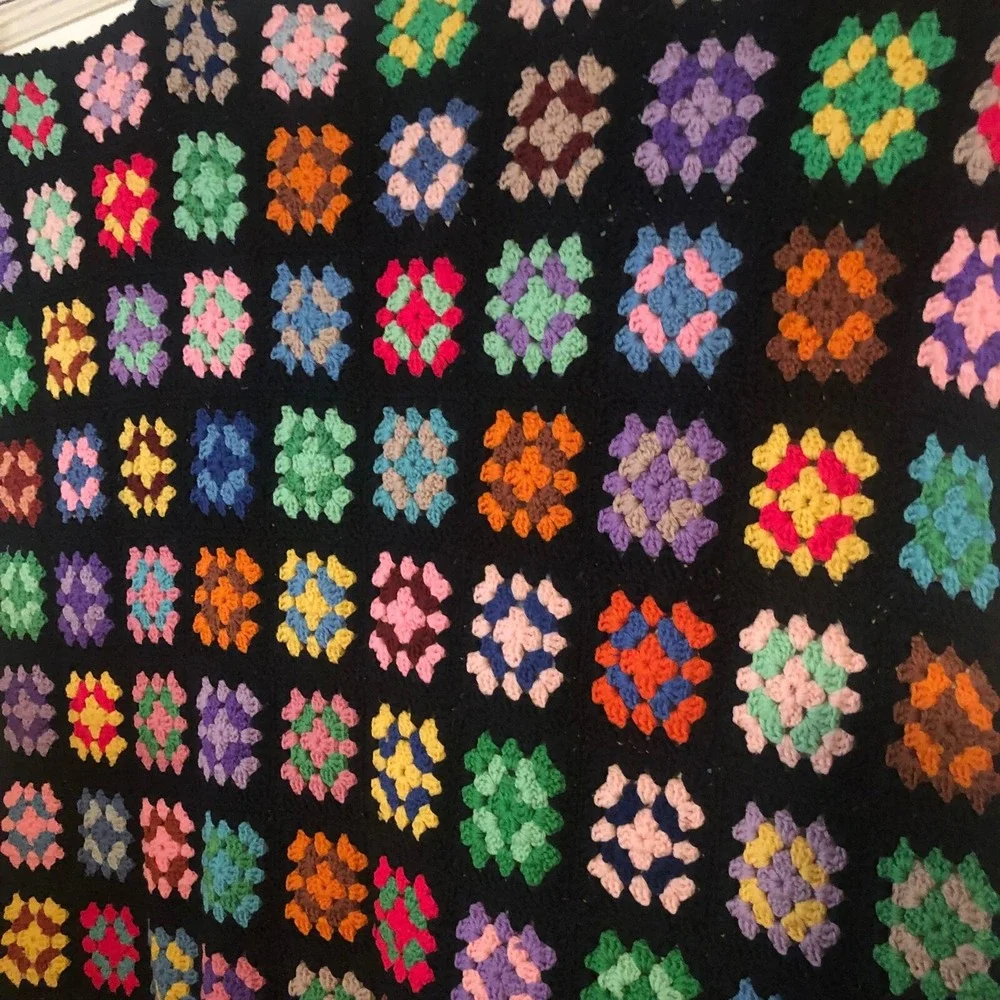 Vintage Granny Square Afghan Crochet Throw Blanket Black  38